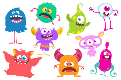 Cartoon happy colorful monsters illustrations set.