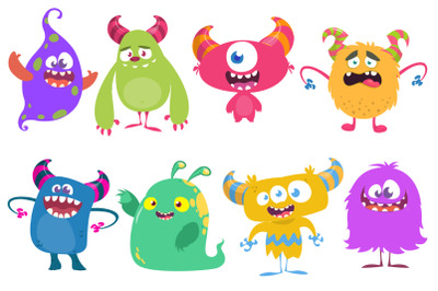Cartoon happy colorful monsters illustrations set.