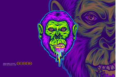 Trippy gorilla head rainbow puke logo illustrations