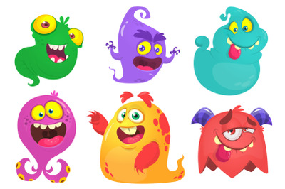 Cartoon Halloween colorful monsters illustrations set.
