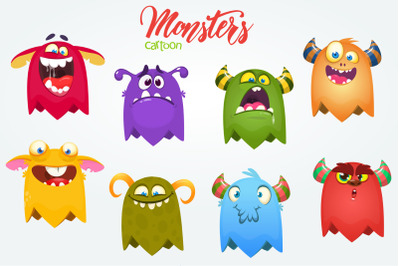Cartoon happy colorful monsters illustrations set