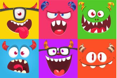Cartoon happy colorful monsters face set
