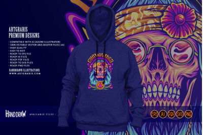 Human skull dressing bohemian hippie style good vibes illustrations