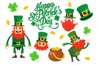 Cartoon Saint Patrick Day leprechaun icons set