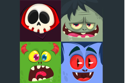 Cute Halloween monsters faces avatars. Vector set