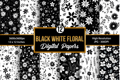 Black &amp; White Flowers Seamless Pattern Digital Papers
