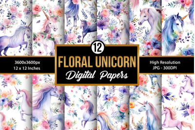 Watercolor Floral Unicorn Digital Papers, Unicorn Seamless Pattern