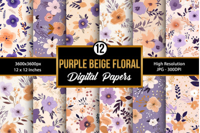 Cute Purple &amp; Beige Flower Digital Papers