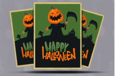 Cute Halloween jack-o-lanter pumpkin grim reaper