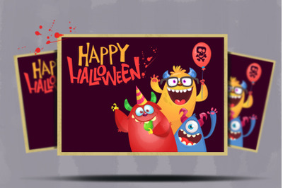 Happy Halloween monsters on greeting invitation