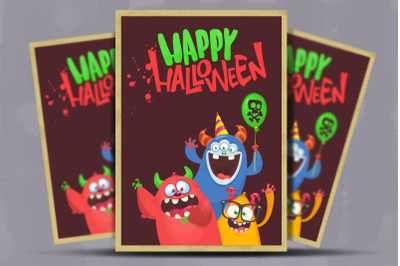 Happy Halloween monsters on greeting invitation