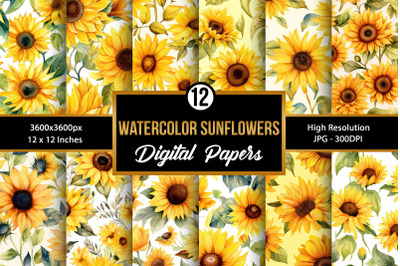 Watercolor Sunflowers Seamless Pattern Digital Papers