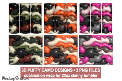 3D Inflated Camo Tumbler Wrap Design Sublimation PNG Bundle, Puff PNG