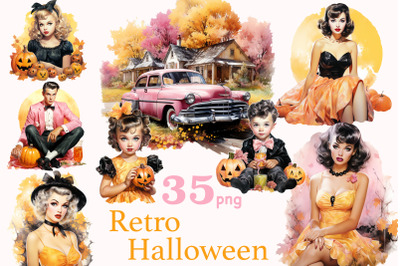 Watercolor Retro Halloween Clipart | Pumpkin Illustation PNG