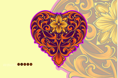 Classic engraved petal ornament heart shaped illustrations