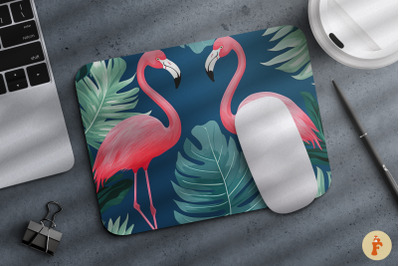 Flamingo and Tropical Leaves Mouse Pad