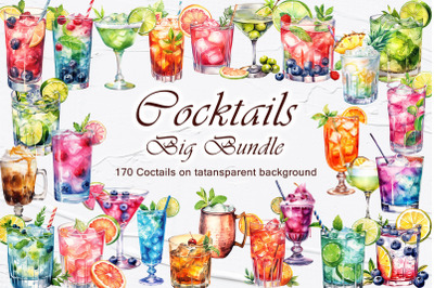 Cocktail Clipart. Cocktails Watercolor Bundle. Alcohol Drinks Clipart.