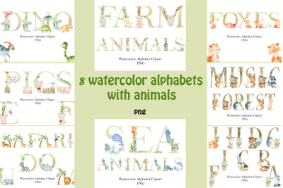 8 watercolor alphabets with animals.