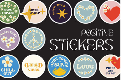Positive Stickers Groovy retro style Set