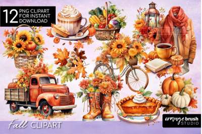Fall Sublimation Bundle, Watercolor Autumn Clipart PNG