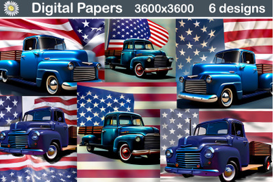 Patriotic Truck Illustration | American Flag Digital paper