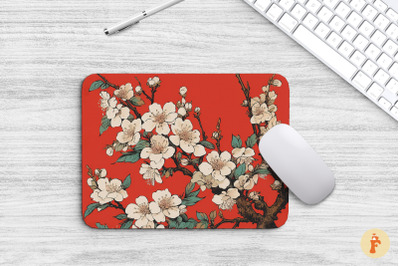 Vintage White Cherry Blossoms Mouse Pad