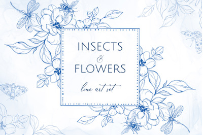 INSECTS &amp; FLOWERS line art set