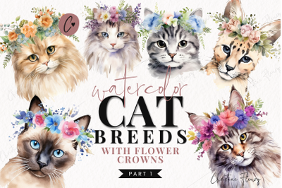 Watercolor Cat Breeds with Flower Crowns