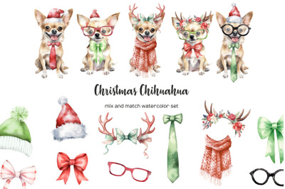 Watercolor Christmas chihuahua clipart. Xmas dogs clip art