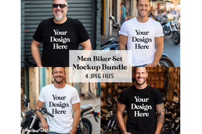 Men Biker T-Shirt Mockup Bundle, Man Motorcycle Themed Tee Mock Up