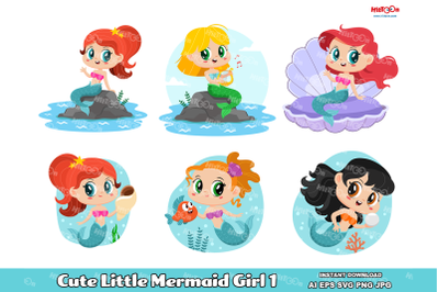 Cute Little Mermaid Girls Flat Design Illustrations 1