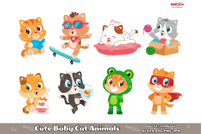 Cute Baby Cat Animals. Clip Art Vector Illustrations