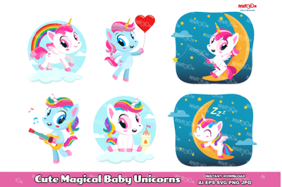 Cute Magical Baby Unicorns. Clip Art Vector Illustrations