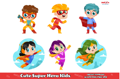 Cute Super Hero Kids. Clip Art Vector Illustrations