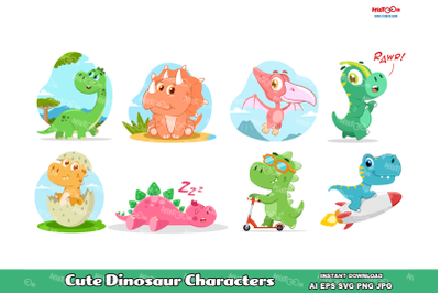 Cute Dinosaurs Characters. Clip Art Vector Illustrations