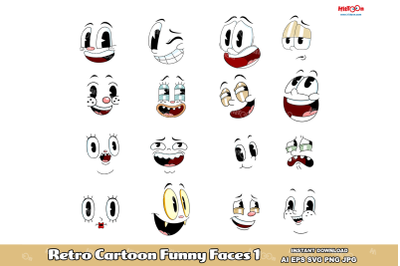 Retro Cartoon Funny Faces . Clip Art Vector Illustrations Bundle 1