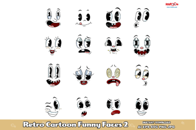 Retro Cartoon Funny Faces . Clip Art Vector Illustrations Bundle 2