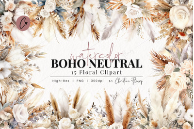 Watercolor Boho Neutral Floral Clipart