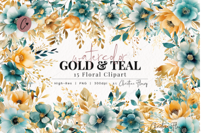 Watercolor Gold &amp; Teal Floral Clipart