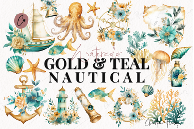 Watercolor Gold &amp; Teal Nautical Clipart