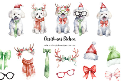 Watercolor Christmas bichon clipart. Xmas dogs clip art
