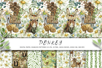 Donkey on the farm, chamomile flowers, seamless digital paper PNG