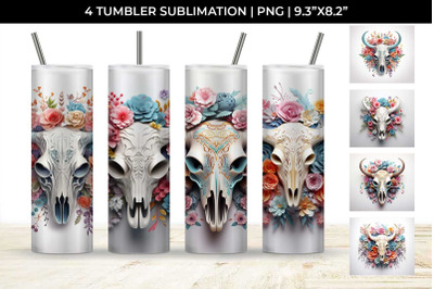 3d Floral Fantasy Bull Skull Tumbler Wrap Sublimation PNG Bundle