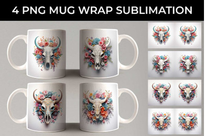 3d Floral Fantasy Bull Skull Mug Sublimation PNG Bundle