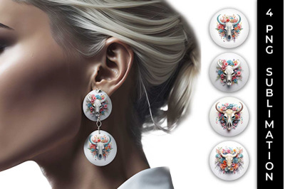 3d Floral Fantasy Bull Skull Earrings Sublimation PNG Bundle