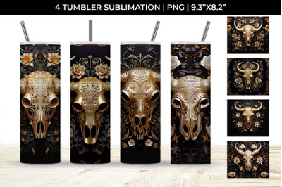 3d Gold Black Bull Skull Tumbler Wrap Sublimation PNG Bundle