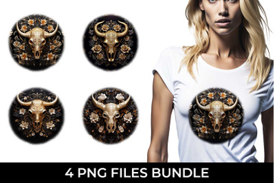 3d Gold Black Bull Skull T-shirt Sublimation PNG Bundle