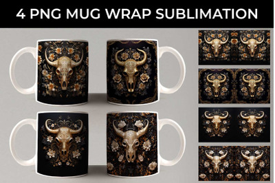 3d Gold Black Bull Skull Mug Sublimation PNG Bundle