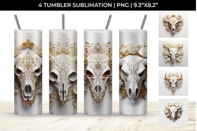 3d Gold White Bull Skull Tumbler Wrap Sublimation PNG Bundle