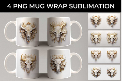 3d Gold White Bull Skull Mug Sublimation PNG Bundle